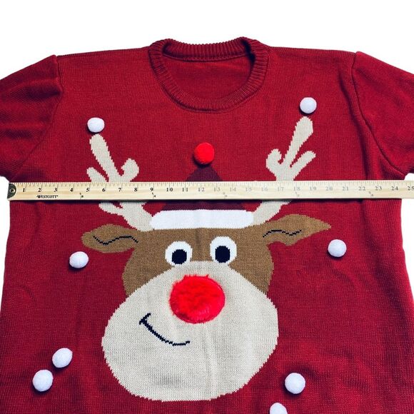Christmas Sweater Nordic Reindeer Pom Poms Fuzzy Red Nose Thick Unisex Adult 2XL - Picture 4 of 16